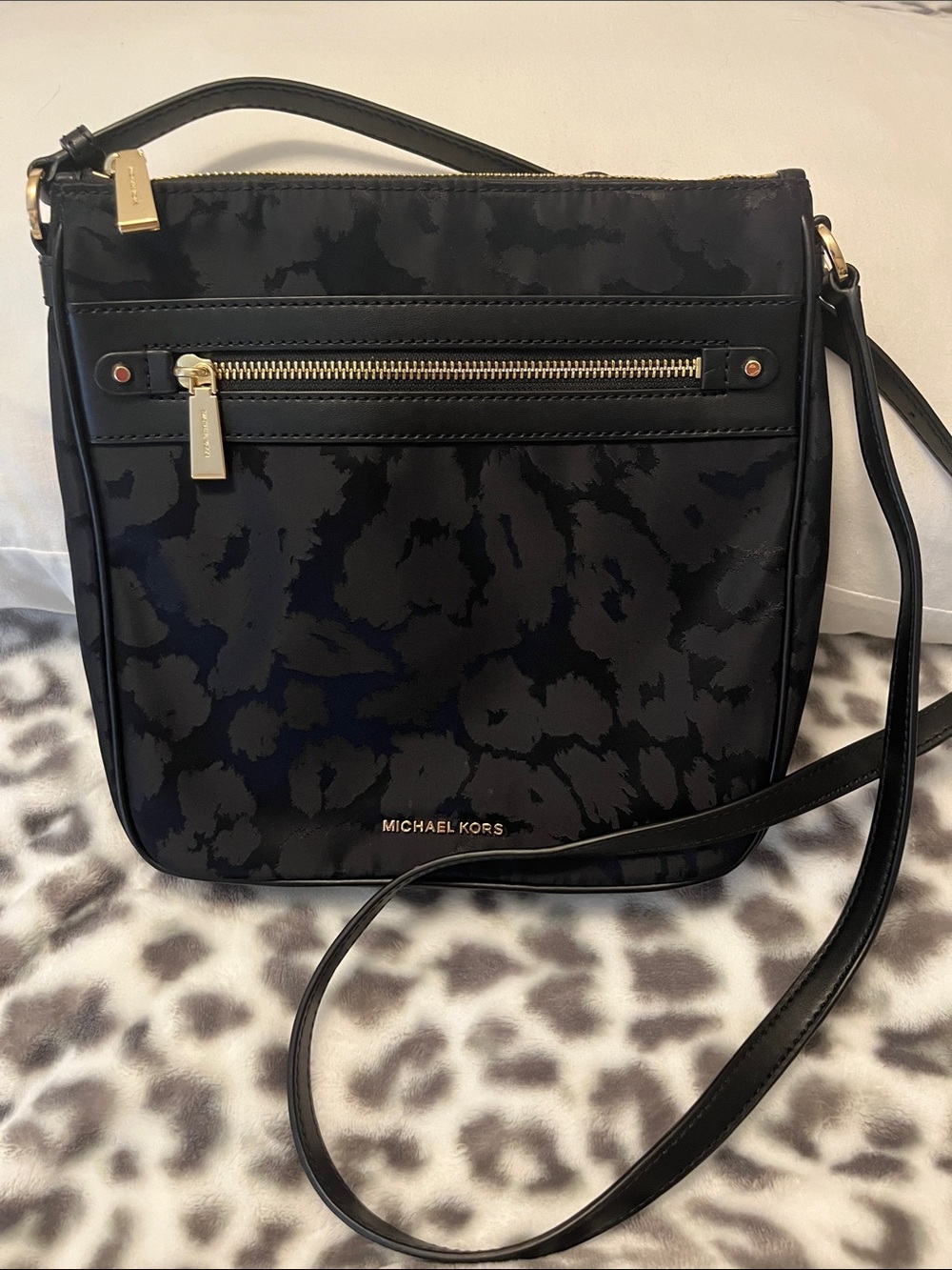 Michael Kors Black Leopard-Print Crossbody Pouch with Gold Hardware